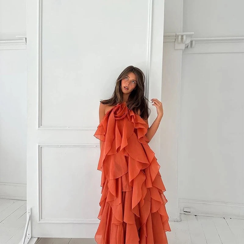 Blissful Blooms Dress - Ruffled Backless Sleeveless Floral Maxi for Effortless Summer Elegance