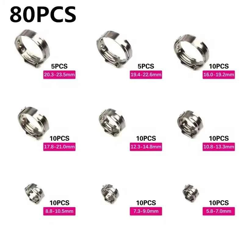 45/80/130pcs Stainless Steel Ear Clamps, Worm Drive Hose Clips, Fuel & Water Pipe Clamps + 1pc Clamp Pliers