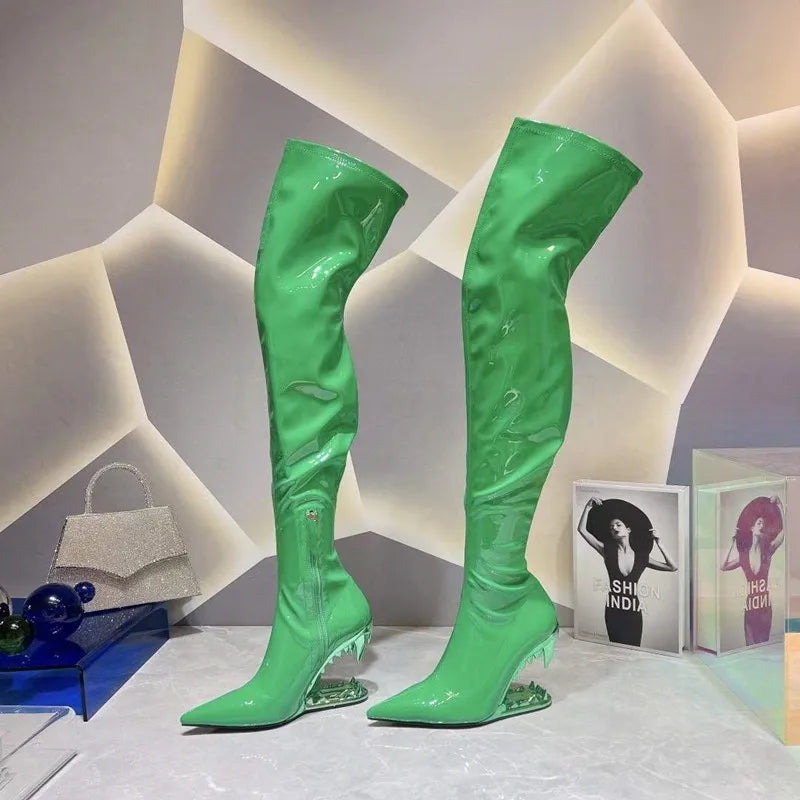 Women's Pointed Tiger Teeth Heel Knee High Elastic Boots Fashionable Over-the-Knee Super High Heel Banquet Show Shoes Autumn Winter