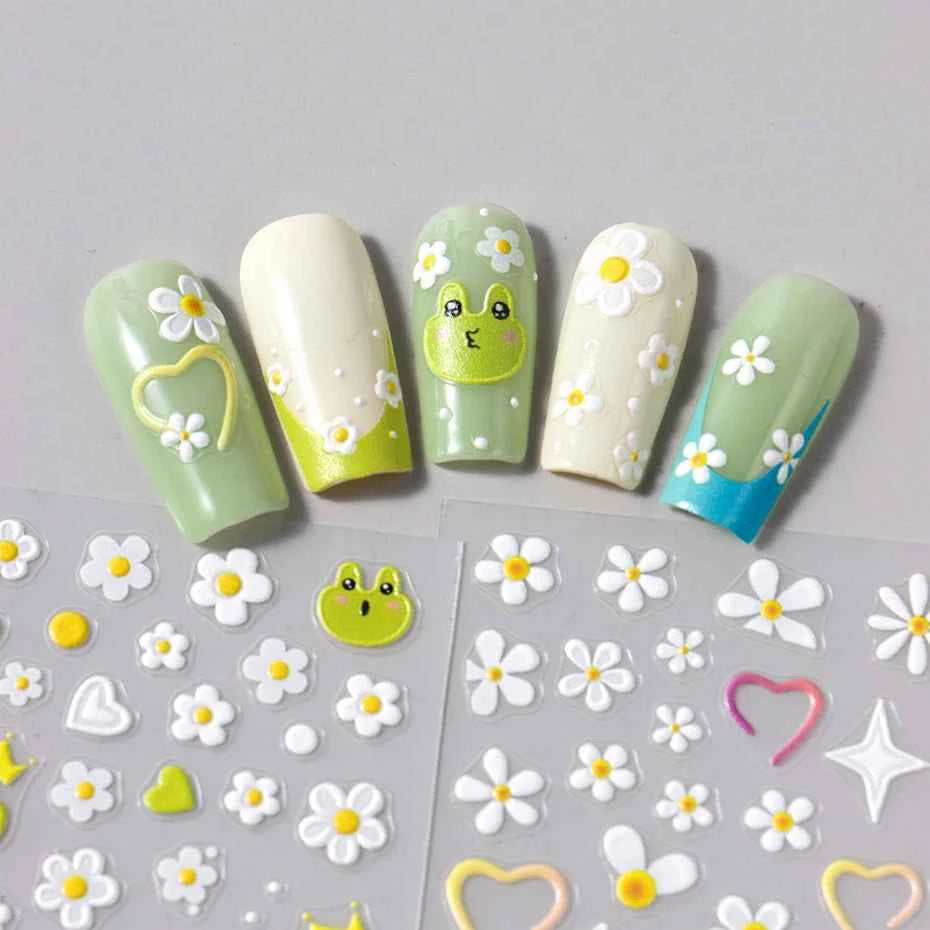 Daisy Dreams Nail Stickers - 5D White Flower & Bee Design, Self-Adhesive Acrylic Decals for DIY Manicure Magic