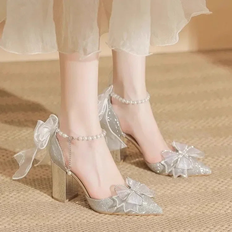 High Heels 2025 New Pearl Bow Silver Hollow Sandals Graduation Wedding Dress Big Size Bride Shoes