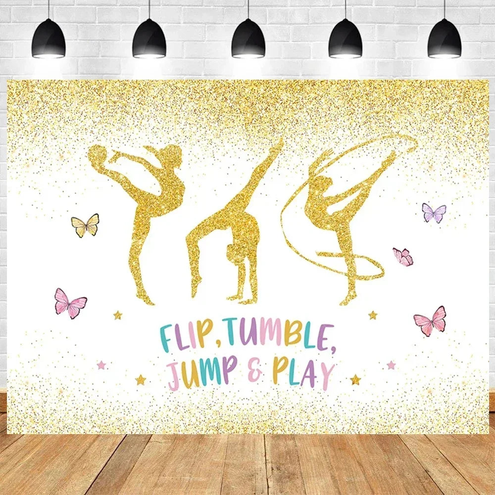 Let's Flip Athlete Gymnast Gymnastic Theme Jump Tumble Play Gymnast Rhythmic Gymnastic Girl Birthday Party Baby shower Backdrop