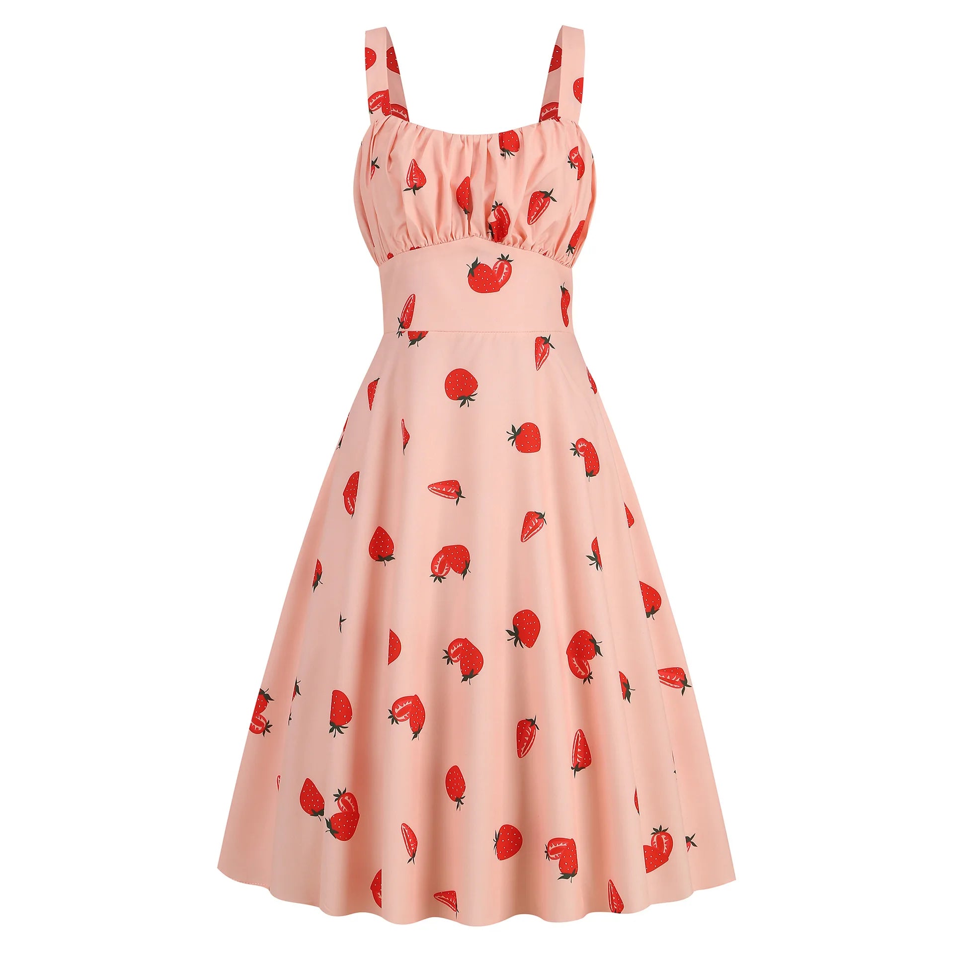 Vintage Charm Summer Midi Dress - Cute Print, Ruched Bust, High Waist for Effortless Beach Style