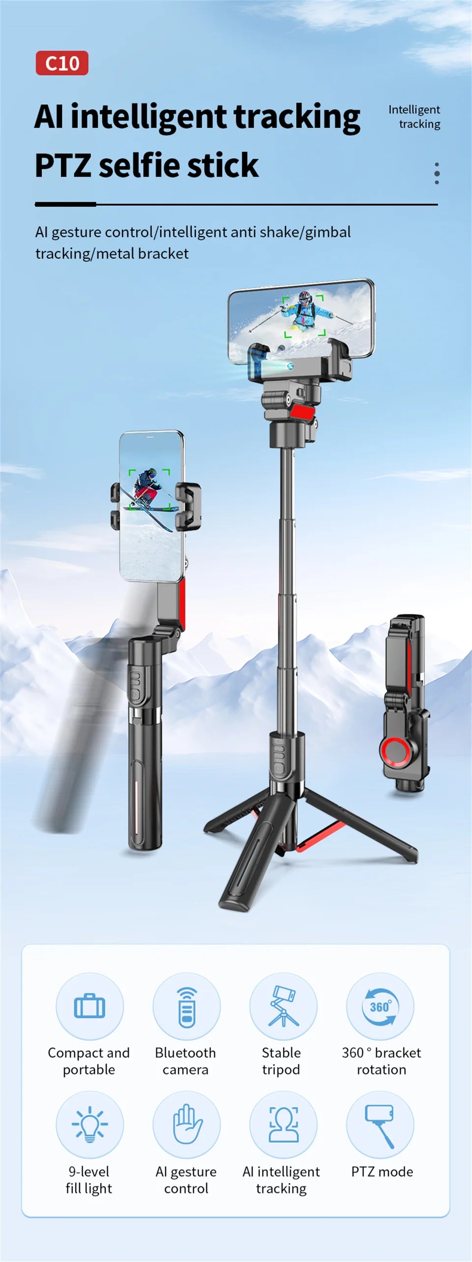 COOL DIER C10 AI face tracking Gimbal For Phone Stabilizer, 360 Auto Rotation Desktop Follow Gimbal with Remote for Smartphone