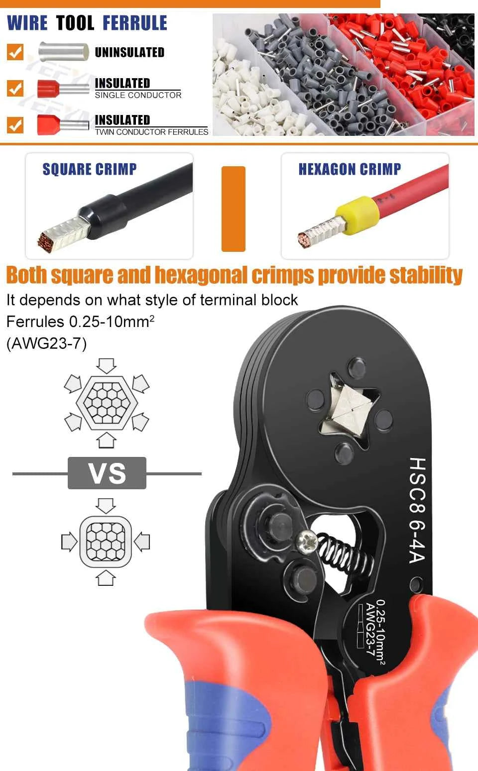 HSC8 Crimping Pliers - Versatile Wire Crimper for Ferrule Sleeves & Tubular Terminals
