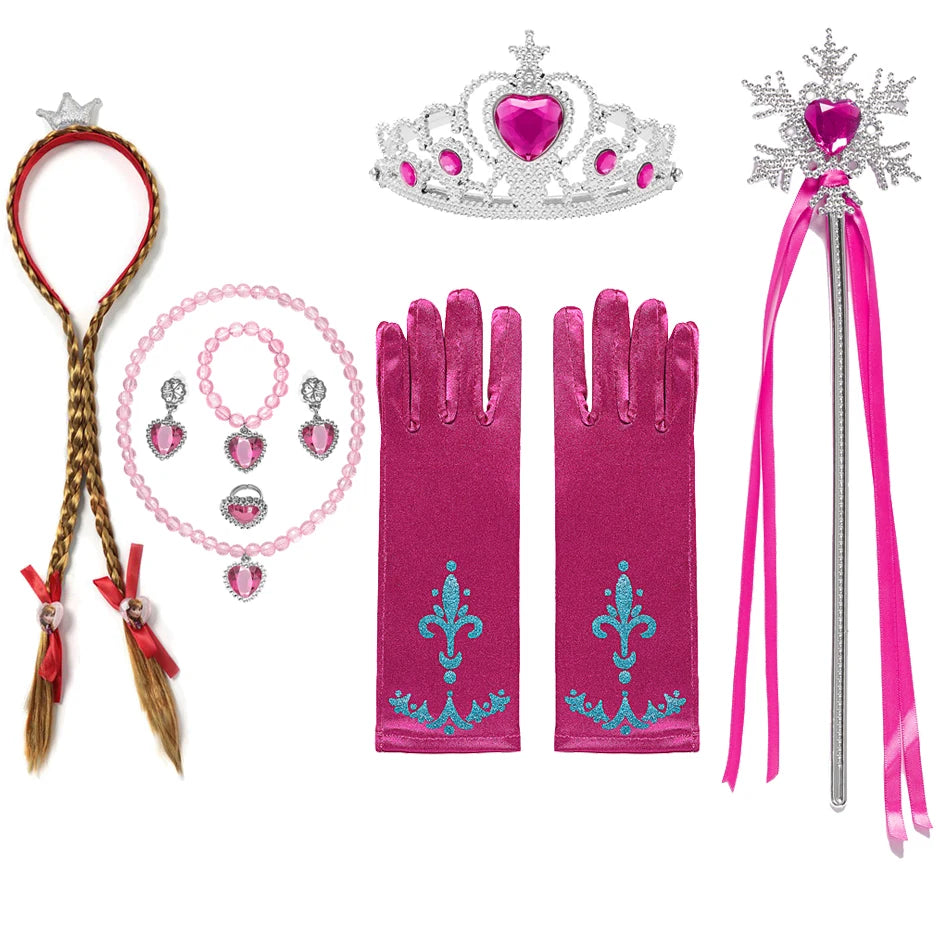 Girls Princess Dress Accessories Gloves Wand Crown Jewelry Set Princess Wig Braid Princess Dress Costume Cosplay Accessories