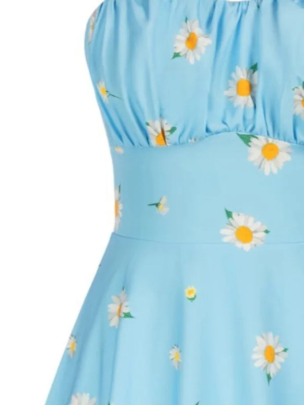 Vintage Charm Summer Midi Dress - Cute Print, Ruched Bust, High Waist for Effortless Beach Style