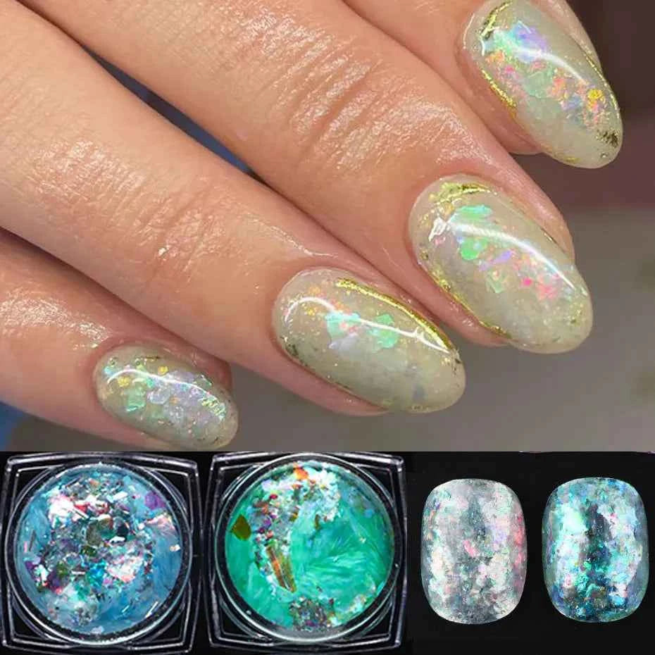 Aurora Opal Nail Flakes - Holographic Glitter Powder for Dazzling Mermaid Nail Art