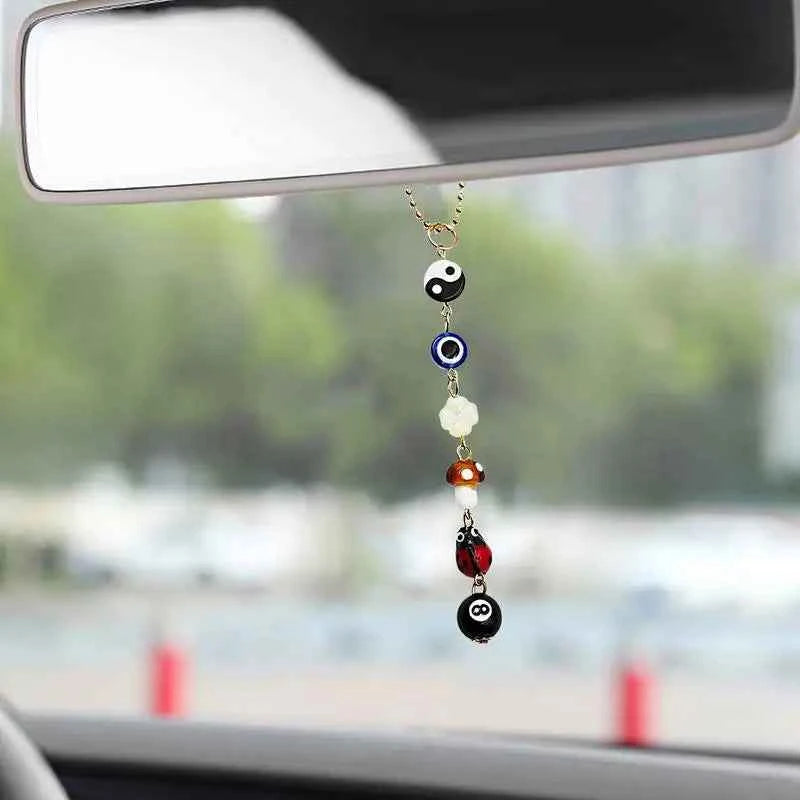 Devil's Eye Mushroom Clover Mirror Pendant Lucky Day Mirror Hanger Boho-Chic Car Accessory Demon Eye Charm  For Rear View