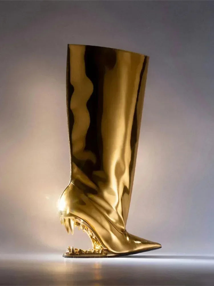 Women's Pointed Tiger Teeth Heel Knee High Elastic Boots Fashionable Over-the-Knee Super High Heel Banquet Show Shoes Autumn Winter