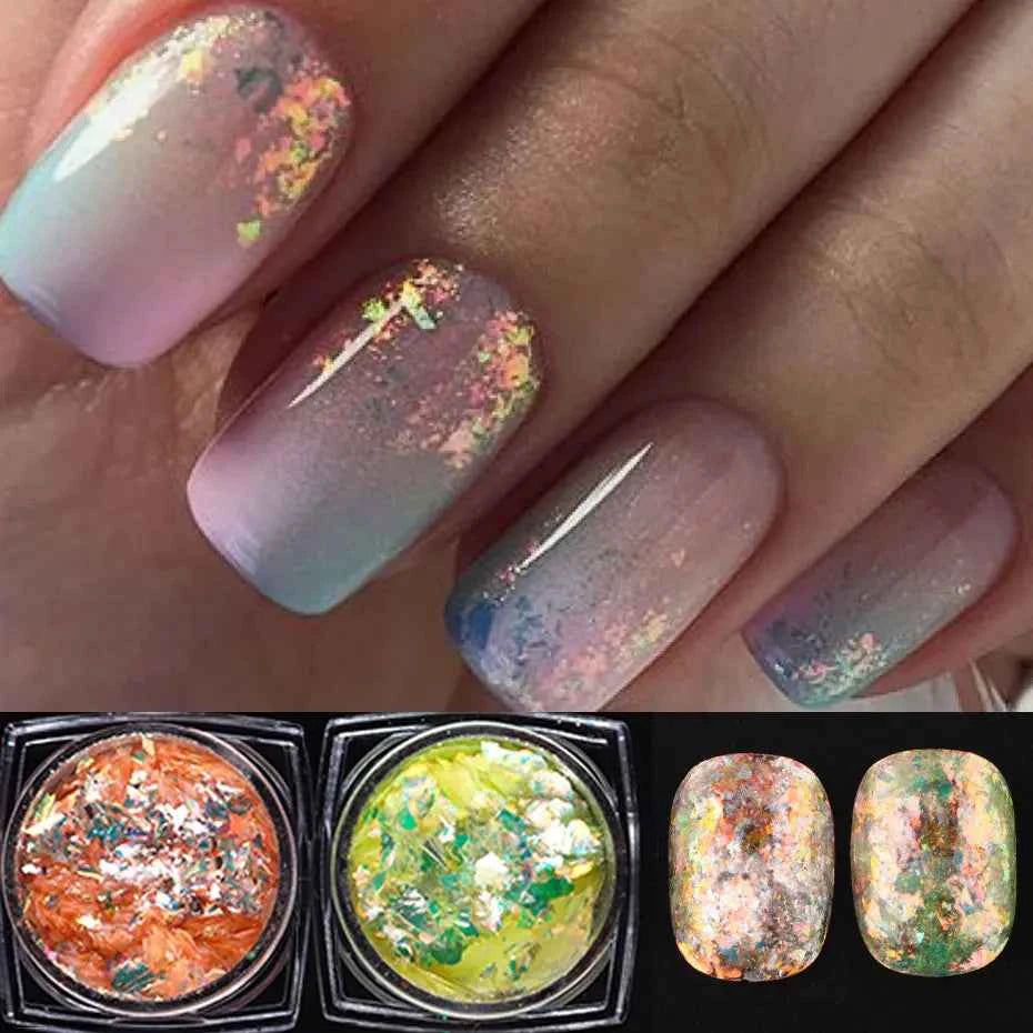 Aurora Opal Nail Flakes - Holographic Glitter Powder for Dazzling Mermaid Nail Art