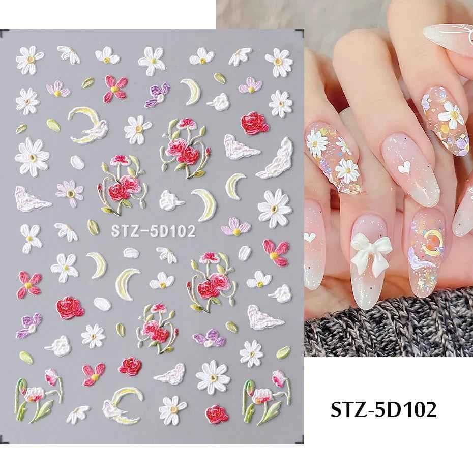 Daisy Dreams Nail Stickers - 5D White Flower & Bee Design, Self-Adhesive Acrylic Decals for DIY Manicure Magic