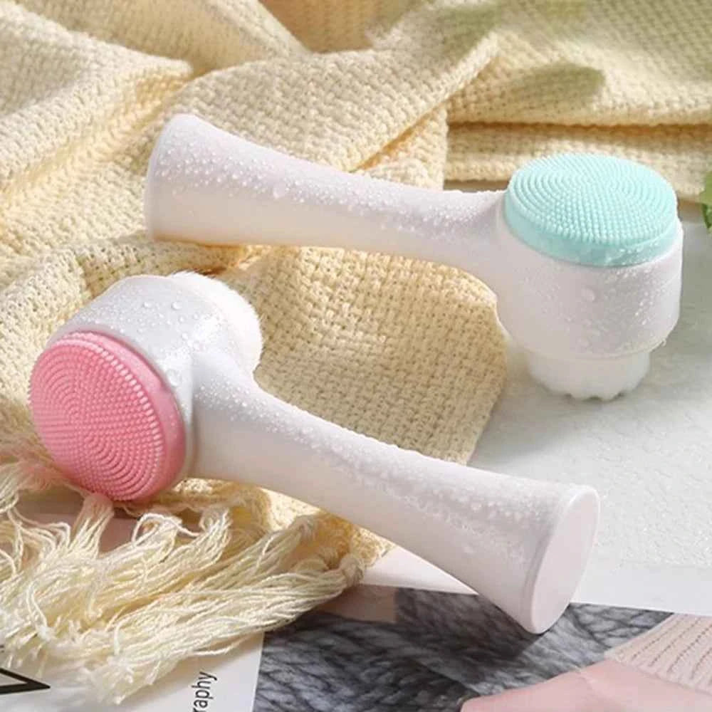 OFT 3D Dual-Sided Face Washing Brush - Deep Clean Pores with Silica & Fur for Home Spa Experience