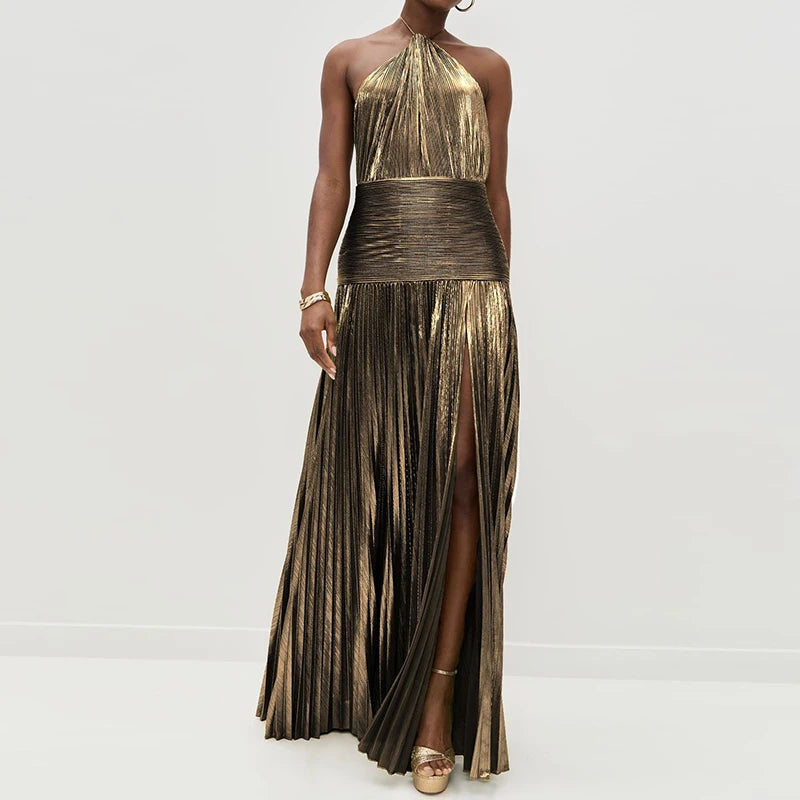 Chic Women's Backless Maxi Dress - Sleeveless Halter Patchwork Elegance for Summer Parties