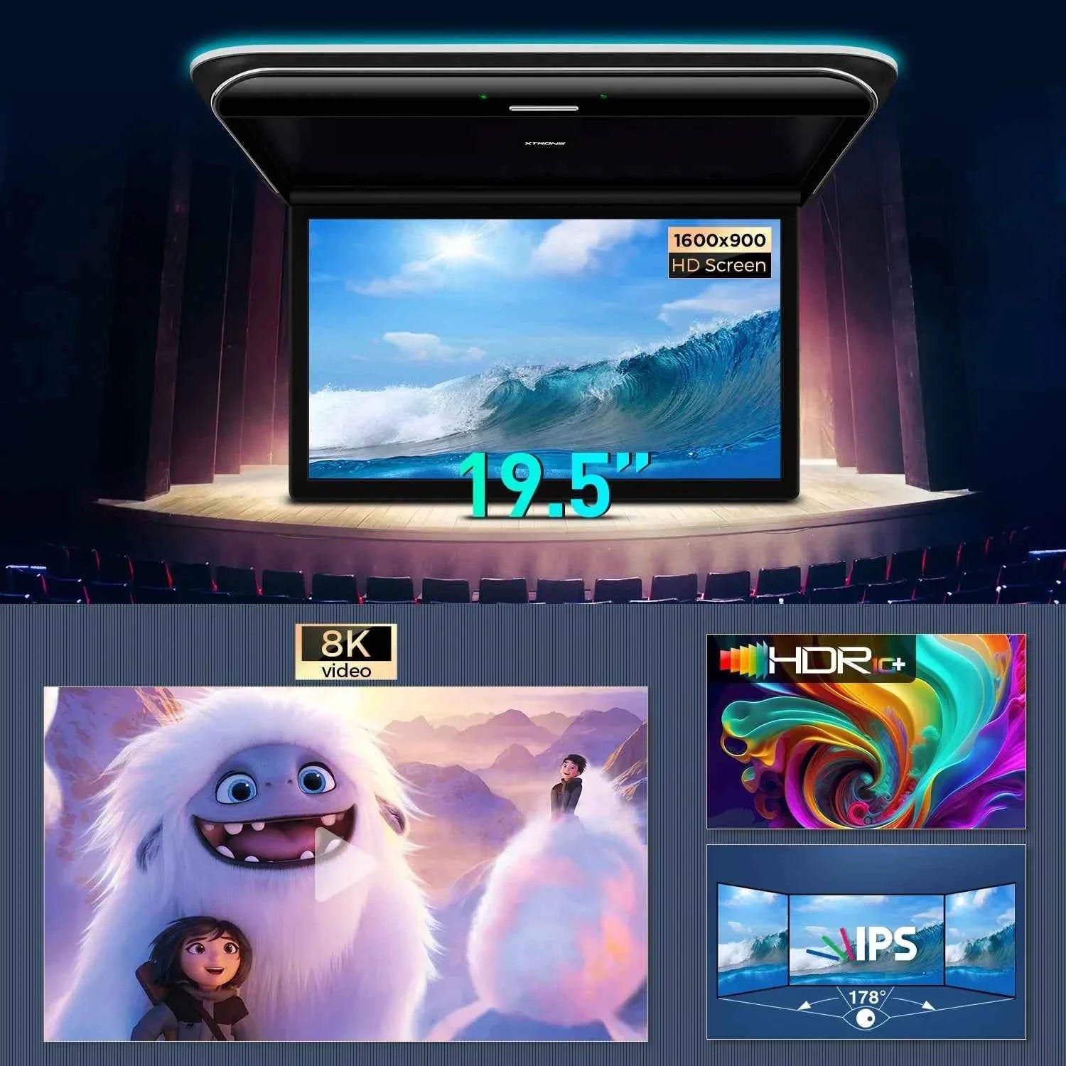 XTRONS 19.5" Android Car Roof Monitor TV Octa-core 8K IPS Car Screen Adjustable Angle to 170° with Screen Mirroring USB HDR RCA