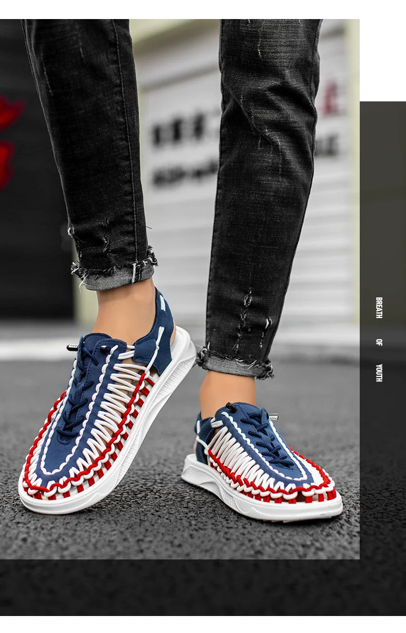 2023 Summer Men's  Sandals Lace Up Hand Woven Sandals Thick Soled Soft Non Slip Casual Shoes High Quality Couple Beach Shoes