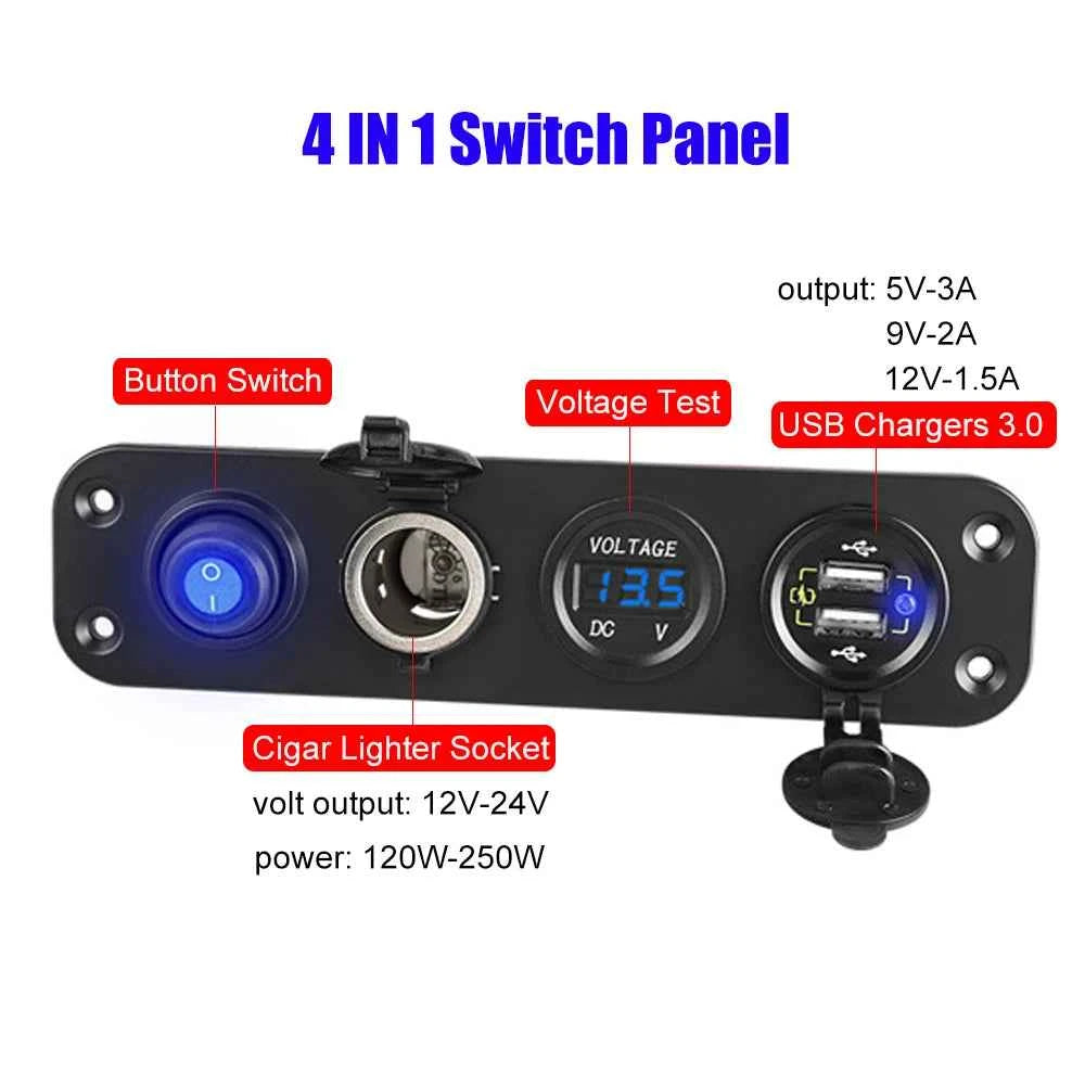 12V 24V 6 Buttons Car Switch Panel 15A Fuse Marine Circuit Breaker Voltmeter Tester Light Toggle USB Chargers 3.0 Auto Splitter