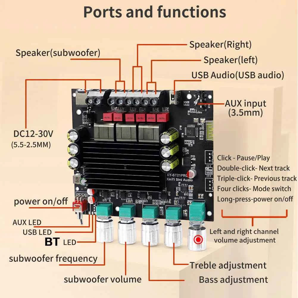 XY-ST21PRO Compact 2.1Channel TPA3255 BT Digital Power Amplifier Board 100W*2+200W High Low Tone Subwoofer Power Amplifier Board