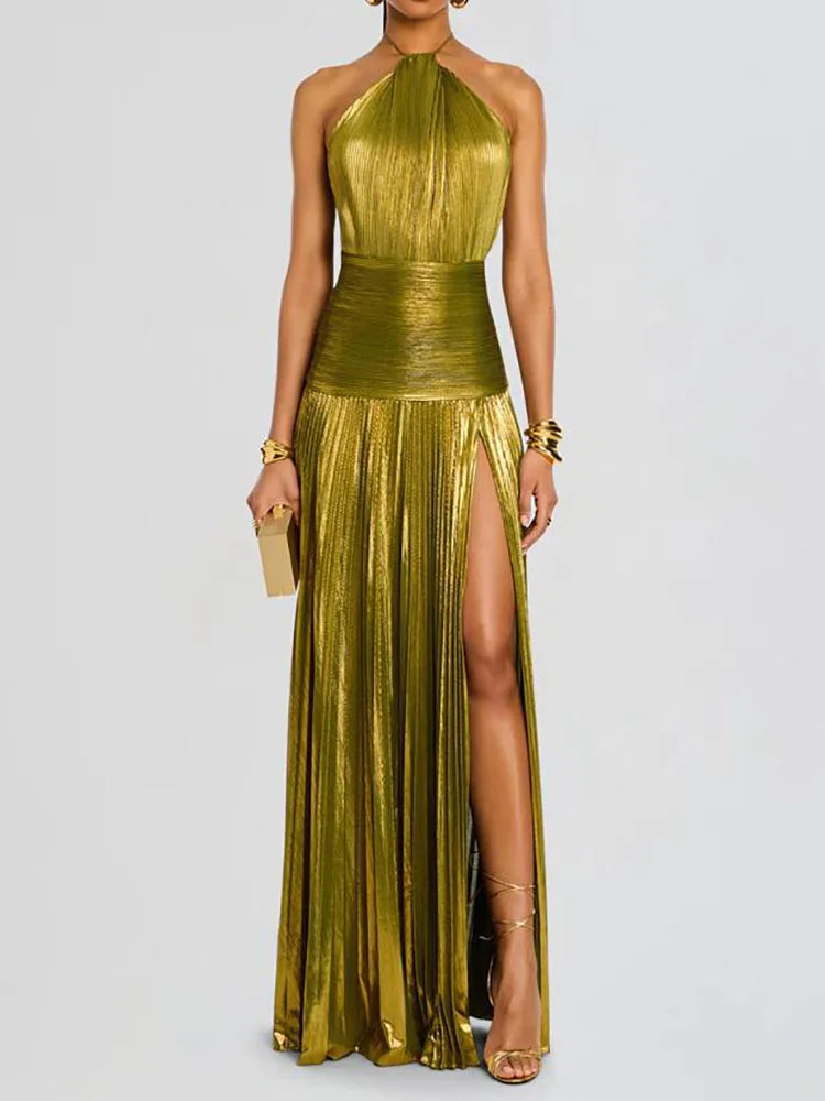 Chic Women's Backless Maxi Dress - Sleeveless Halter Patchwork Elegance for Summer Parties