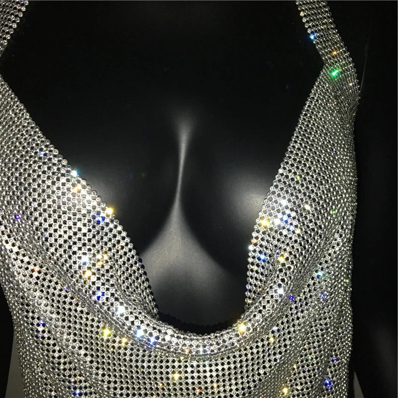 Bling Backless Rhinestone Dress - Sexy Deep V Neck, Sleeveless, Side Split Halter for Nightclub & Party