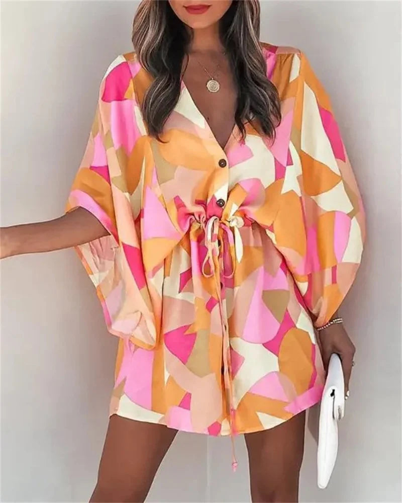 Bohemian Beach Mini Dress - Sexy V-Neck, Bat Sleeves & Floral Print for Effortless Summer Style