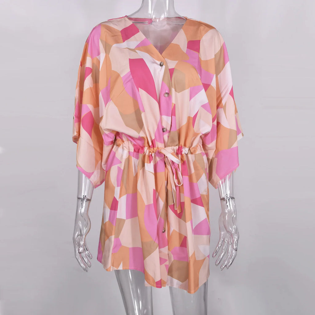 Summer Boho Mini Dress Women Flora Print Batwing Sleeve Lace-Up V Neck Loose Button Dresses Ladies Beach Party Dress Vestido