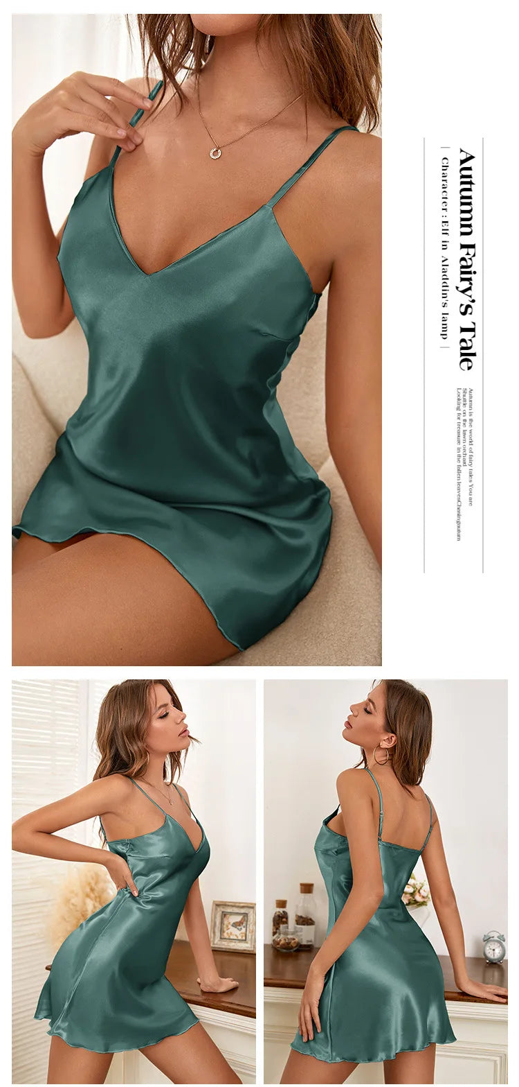2025 Fashion Summer Women Pajamas Sexy V-Neck Sleepwear Slip Dress Ice Silk Dress Solid Satin Nightgowns Pajamas Home Underwear