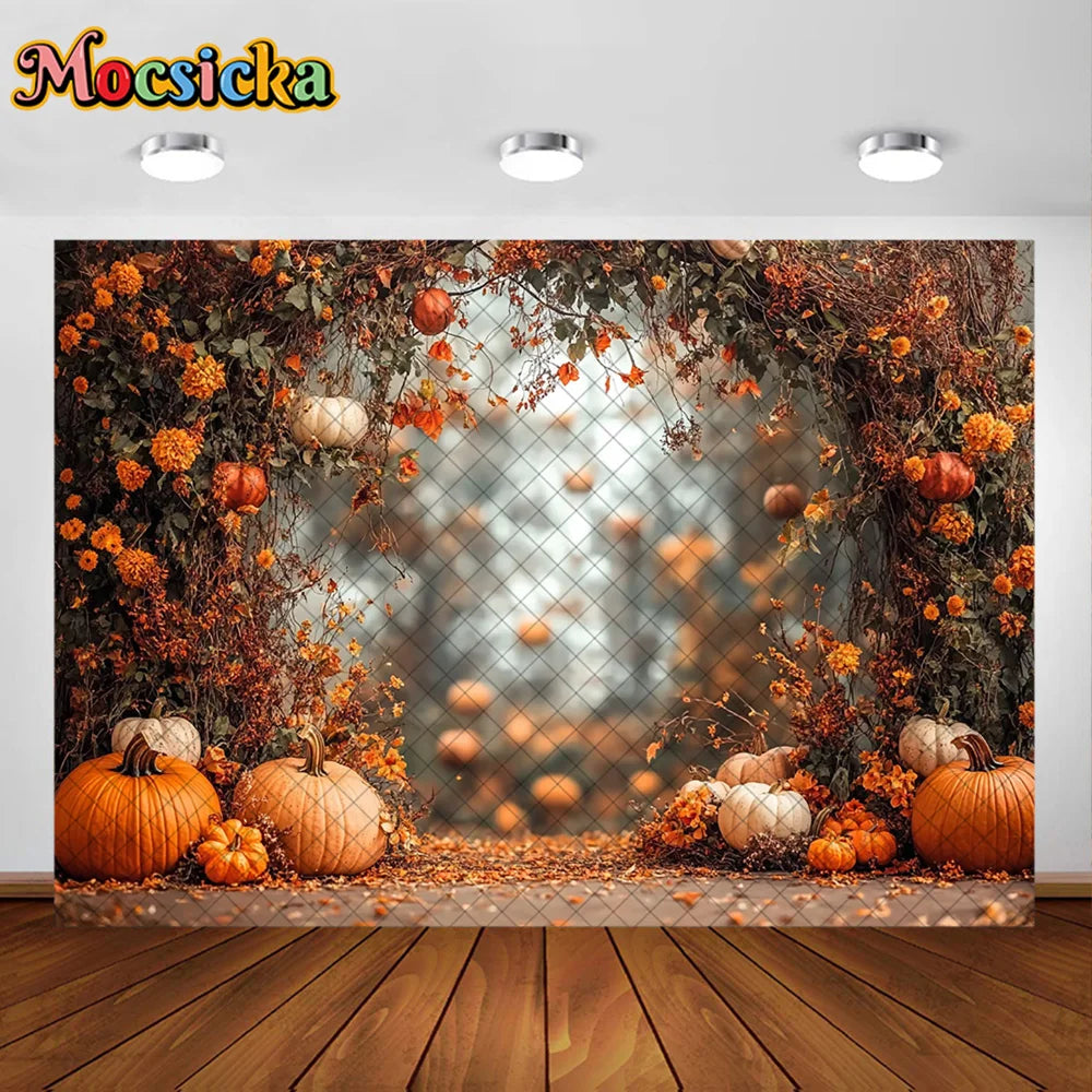 Mocsicka Photography Backdrop Autumn Pumpkin Maple Leaves Decoration Fall Portraits Photo Supplies Backgrounds For Photographs