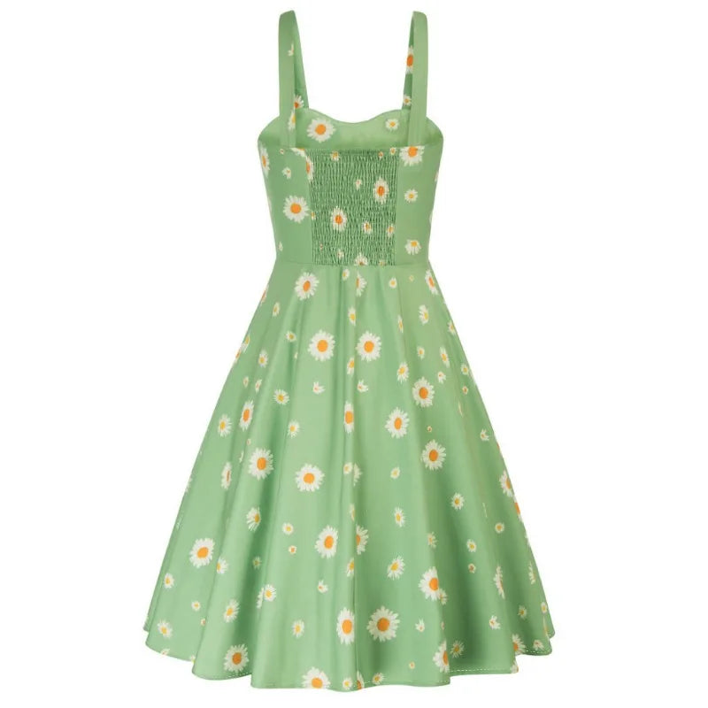Vintage Charm Summer Midi Dress - Cute Print, Ruched Bust, High Waist for Effortless Beach Style
