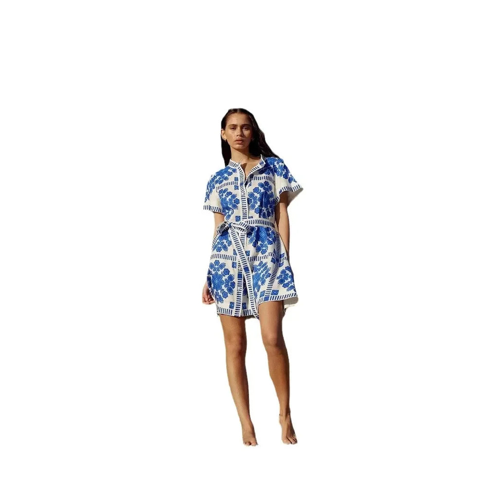 Fashionable Printed Belted Casual Women's Dress Summer Style Cross-Border Clothing Elegant Simple Design Maxi Length Gown