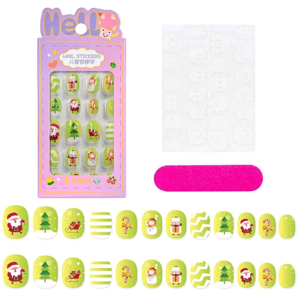 24pcs Princess Girls Christmas Press On Nails Candy Color Kawaii Christmas Tree Snowman False Nails New Year Children Fasle Nail