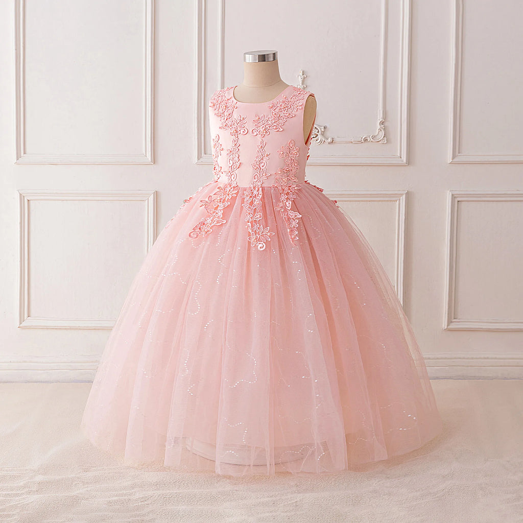 Fashion Flower Bridesmaid Girls Dress Elegant Bow Wedding Evening Princess Birthday Party Dress Graduation Baptism Kids Clothing