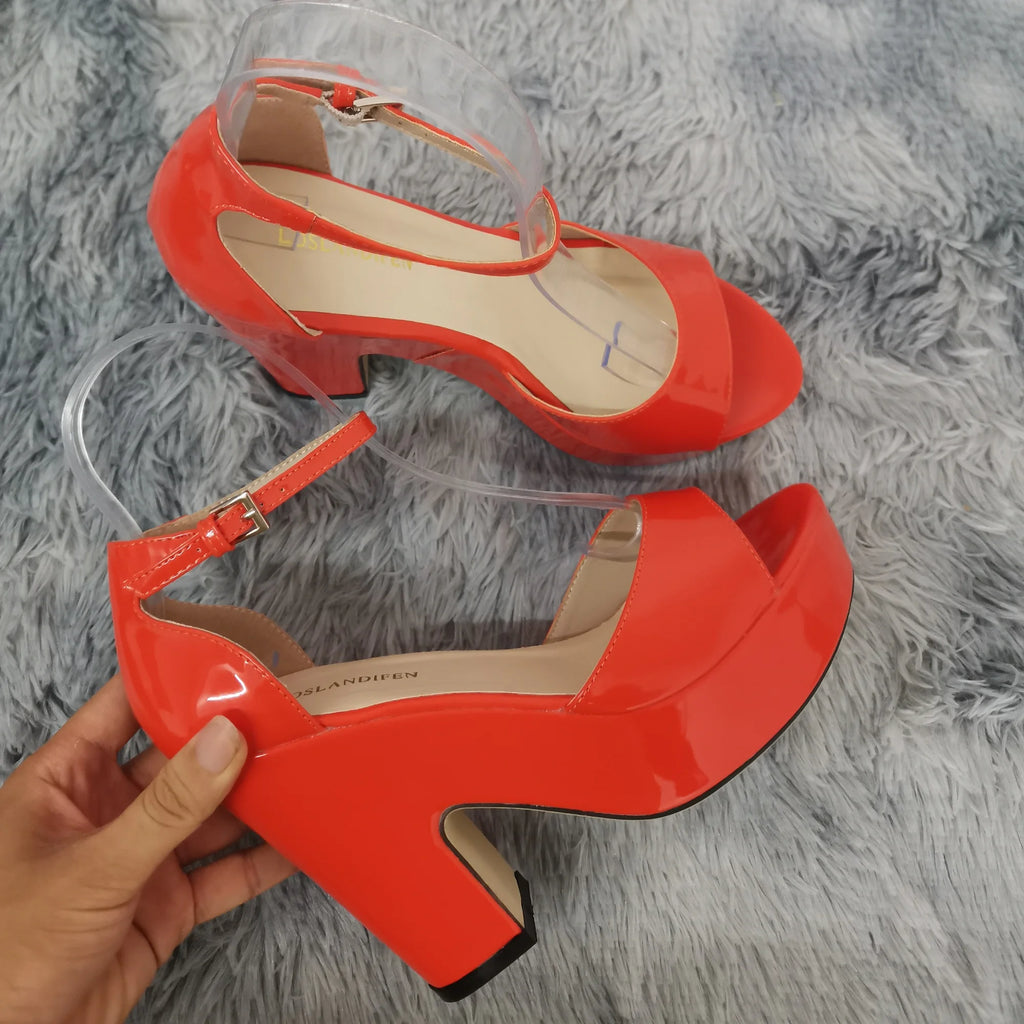 Women Sandals 2026 Summer Ankle Strap Pumps Colourful Sexy Peep Toe Square High Heels Flock Platform Wedding Pole Dancing Shoes
