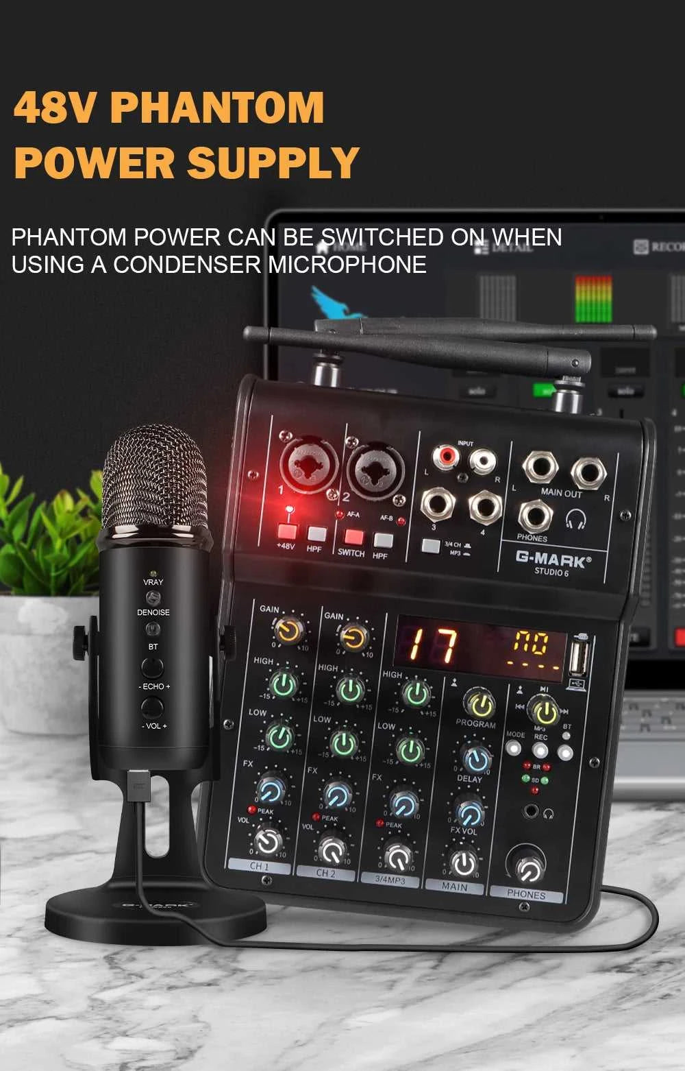 Audio Sound Mixer with Microphone G-MARK Studio 6 Bluetooth Portable DJ Console+48V USB Interface Mixing Boards For Live The jack market .AU The jack market .AU Accessories Electronics $ 115 <none>