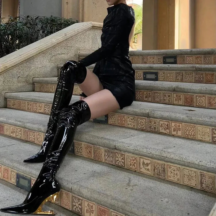 Women's Pointed Tiger Teeth Heel Knee High Elastic Boots Fashionable Over-the-Knee Super High Heel Banquet Show Shoes Autumn Winter