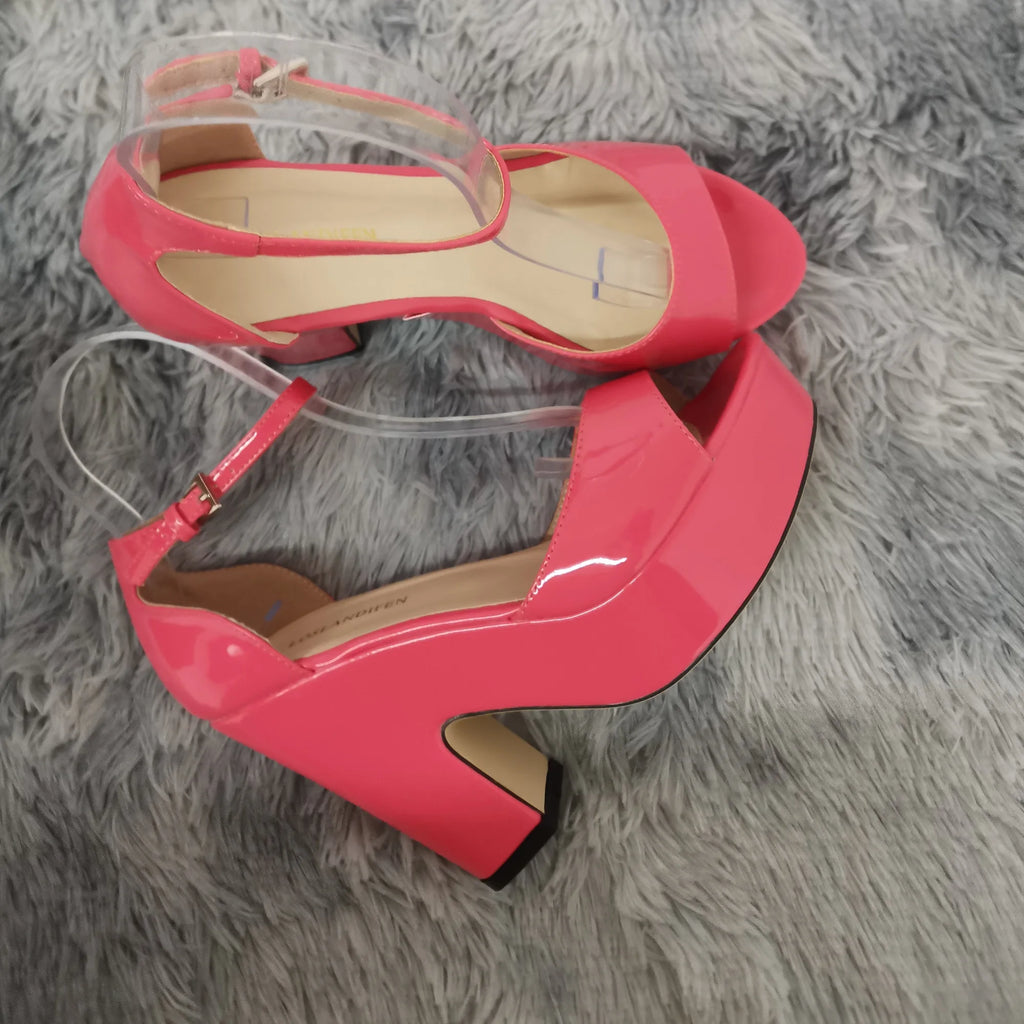 Women Sandals 2026 Summer Ankle Strap Pumps Colourful Sexy Peep Toe Square High Heels Flock Platform Wedding Pole Dancing Shoes