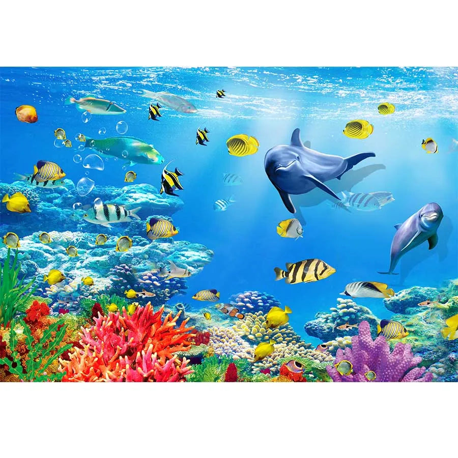 Underwater World Dolphin Coral Seaweed Seabed Aquarium Theme Photography Background Children Birthday Party Decor Backdrop