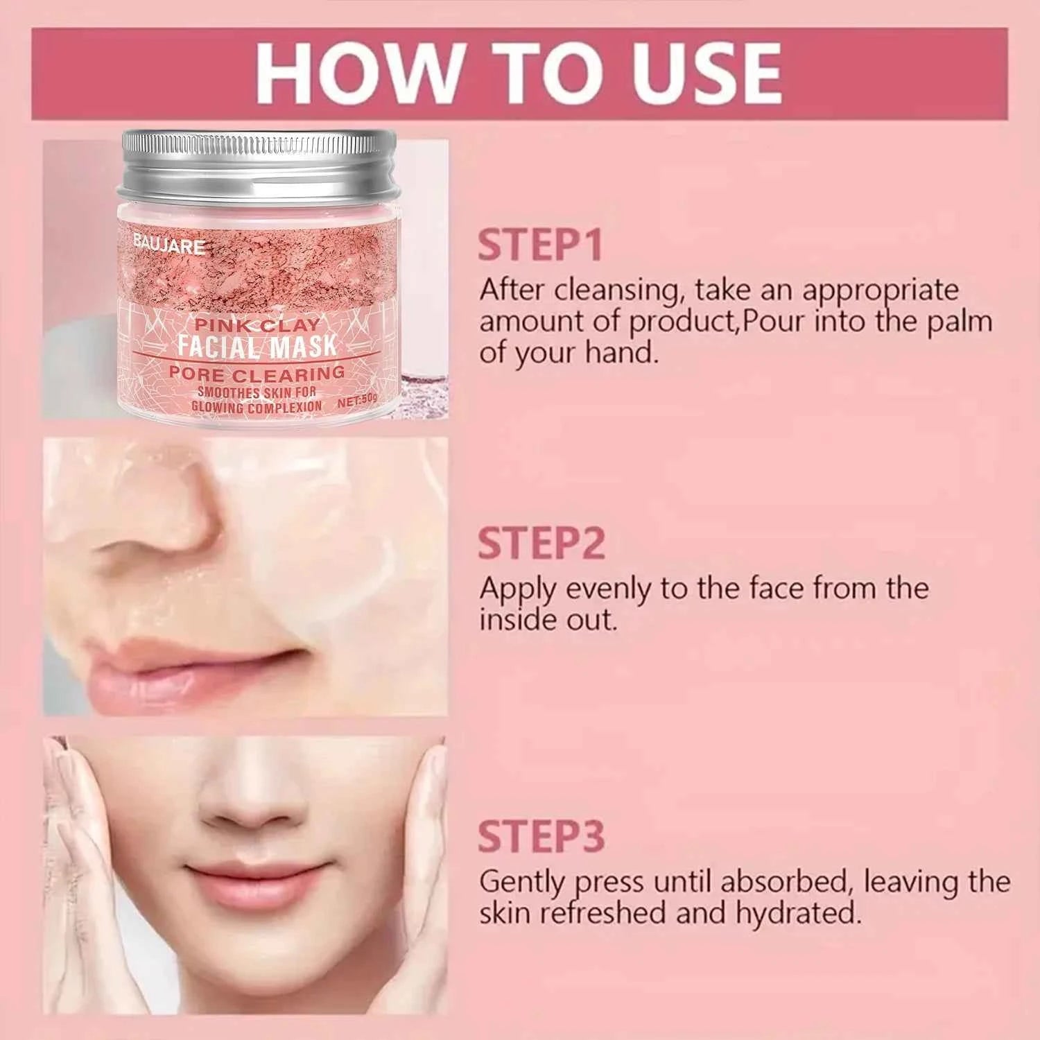 Pink Clay Facial Mask: Pore Clearing, Removes Dirt, Smooths Skin, With Collagen/Biotin for Glowing Complexion