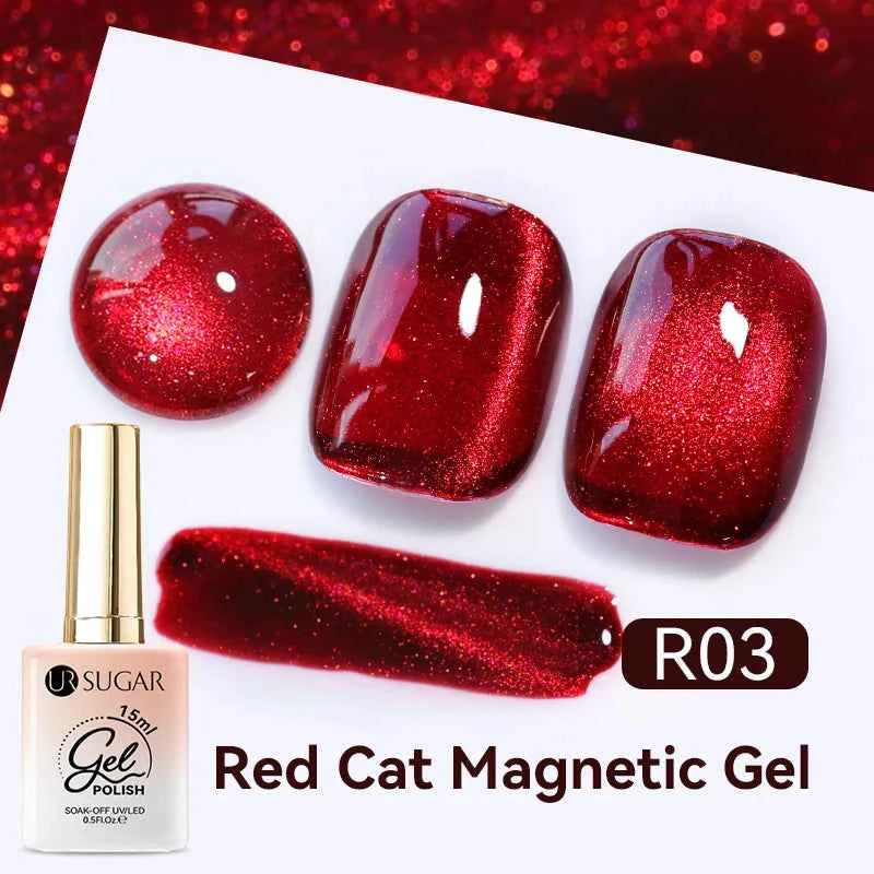 UR SUGAR 15ml  Autumn Winter Red Cat Magnetic Gel Nail Polish White Dopamine Nail Sparkling Glitter Soak Off UV LED for Manicure