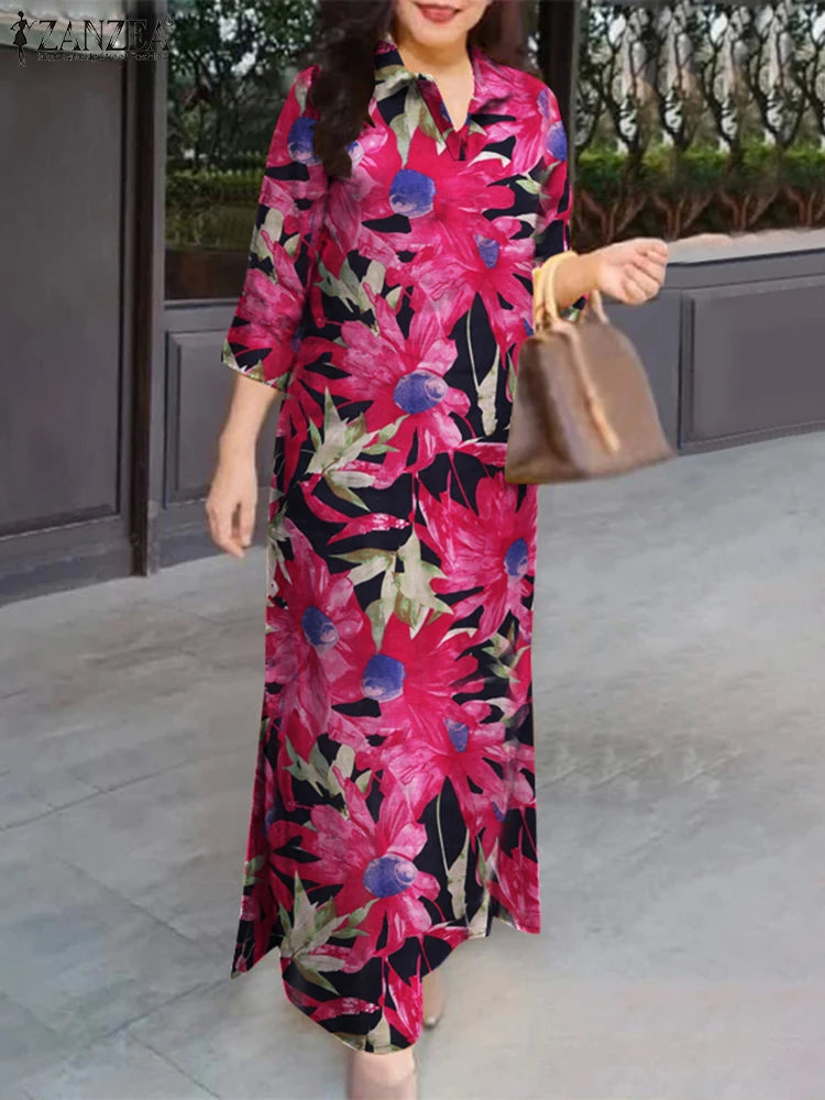 ZANZEA Floral Print Maxi Dress with Slit Hem & 3/4 Sleeves - Effortless Chic for 2024 Commute