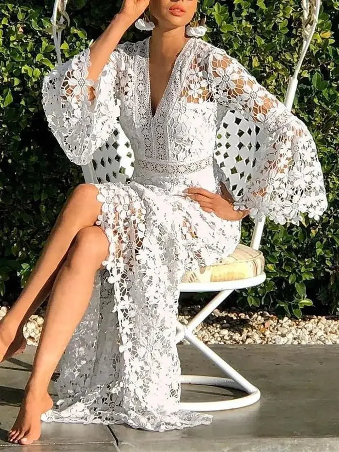 See Through Hollow Out Sexy Long Dresses Summer Dress for Women Long Sleeve V-Neck Lace Dress Loose Bohemian Loose Beach Smock