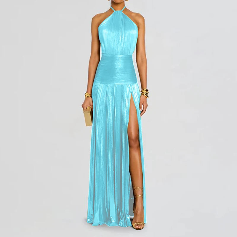 Chic Women's Backless Maxi Dress - Sleeveless Halter Patchwork Elegance for Summer Parties