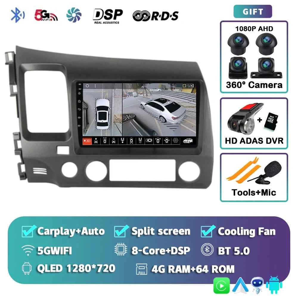 Android 15 Car radio For Honda Civic 8th 2005-2011 Carplay Android auto Qualcomm Car stereo Multimedia player 4G wifi 48EQ 2 din