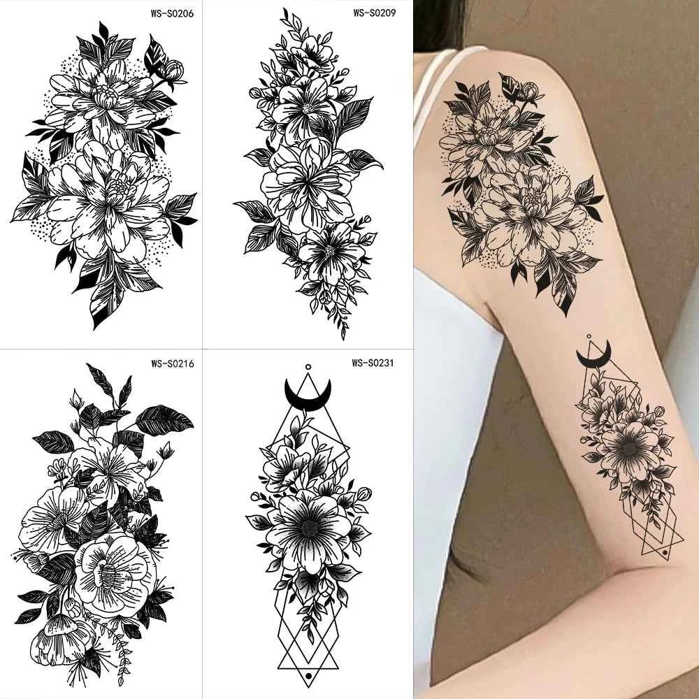 35pcs Realistic Peony Rose Temporary Tattoo Deer Crescent Floral Body Art Waterproof Stickers Lasting Arm Leg Hand Neck Tattoos*