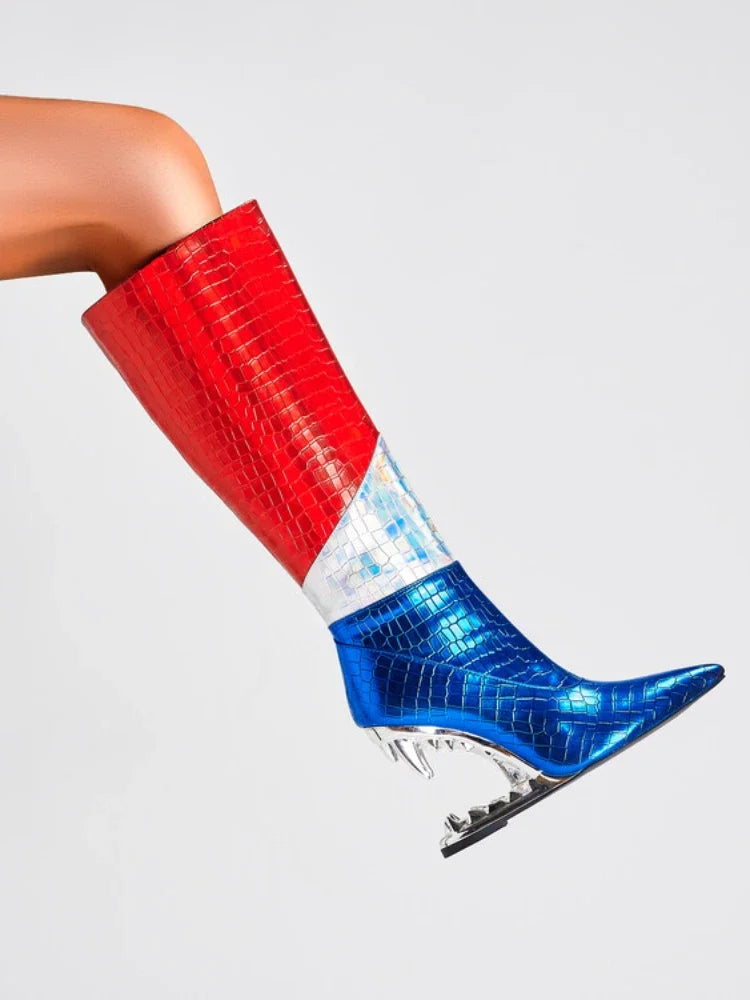 Women's Pointed Tiger Teeth Heel Knee High Elastic Boots Fashionable Over-the-Knee Super High Heel Banquet Show Shoes Autumn Winter