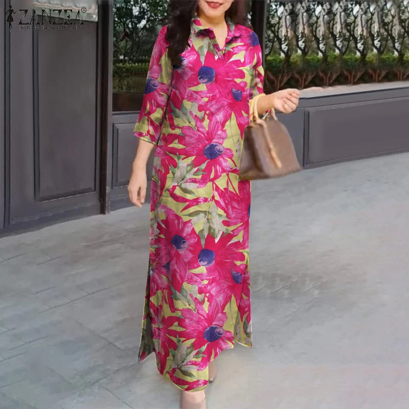 ZANZEA Floral Print Maxi Dress with Slit Hem & 3/4 Sleeves - Effortless Chic for 2024 Commute