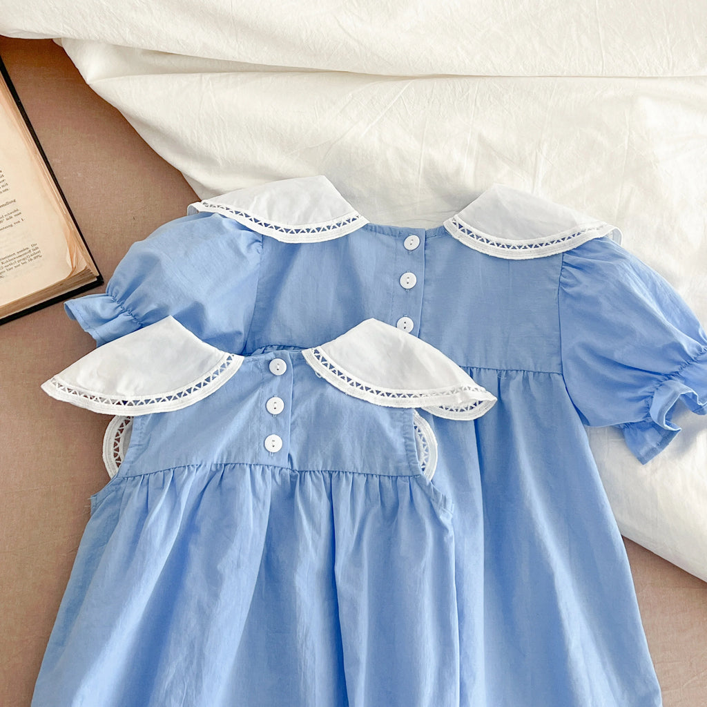 Sisters Dress Summer Kids Princess Dresses Short Sleeved Cotton Solid Color Splicing Infant Baby Romper Baby Girl Party Dress