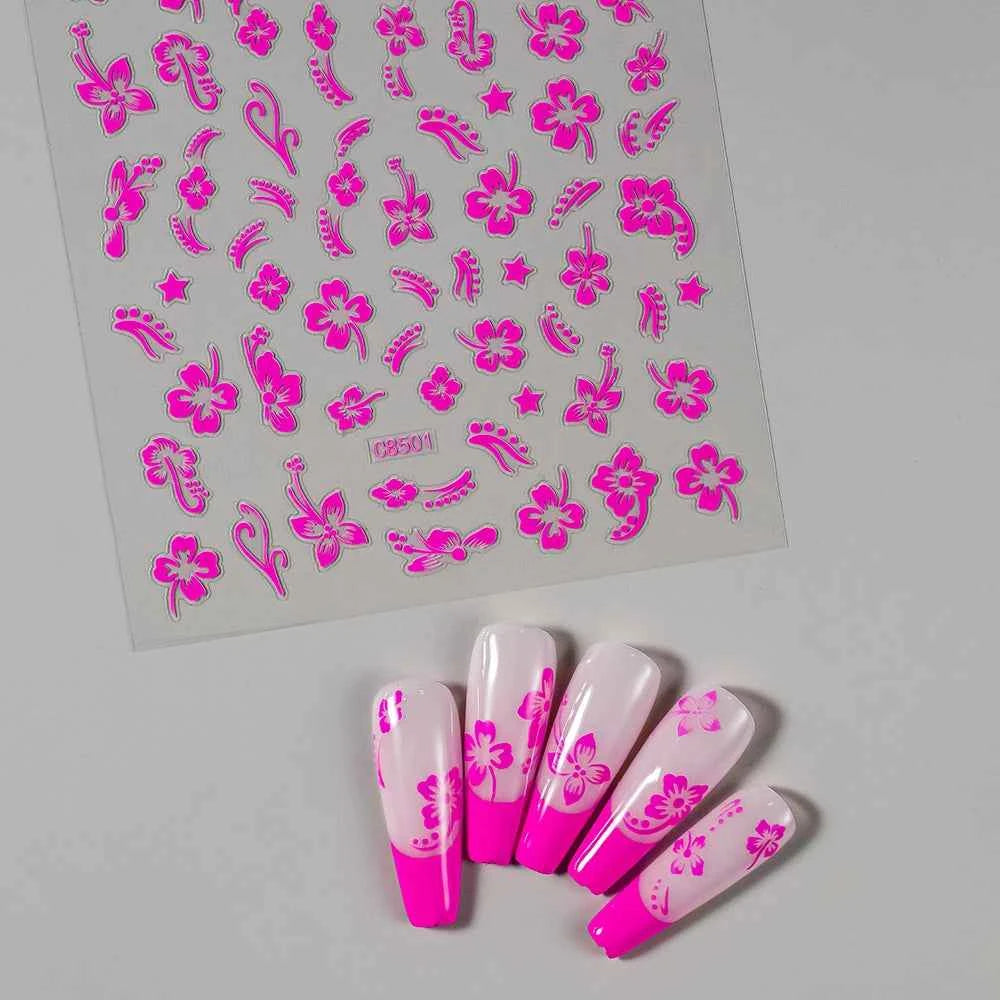 1pcs 3D White Hibiscus Flowers Nail Stickers Holographic Silver Gold Tropical Petal Slider For Nails French Manicure Decoration