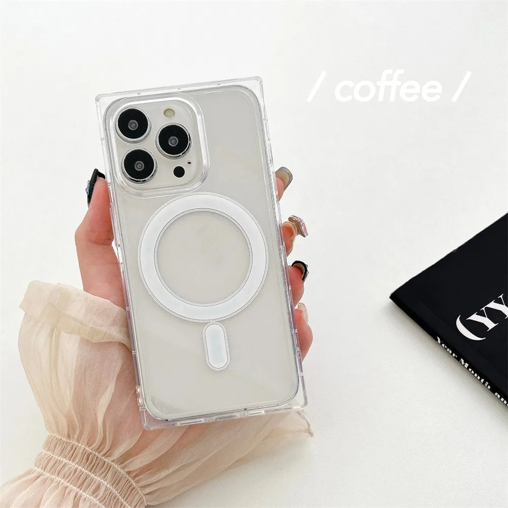 Luxury 2 in 1 Square Magnetic Wireless Charging Case for iPhone 16 Pro Max 12 13 Pro 14 15 16 Plus Transparent Clear Rugged Case