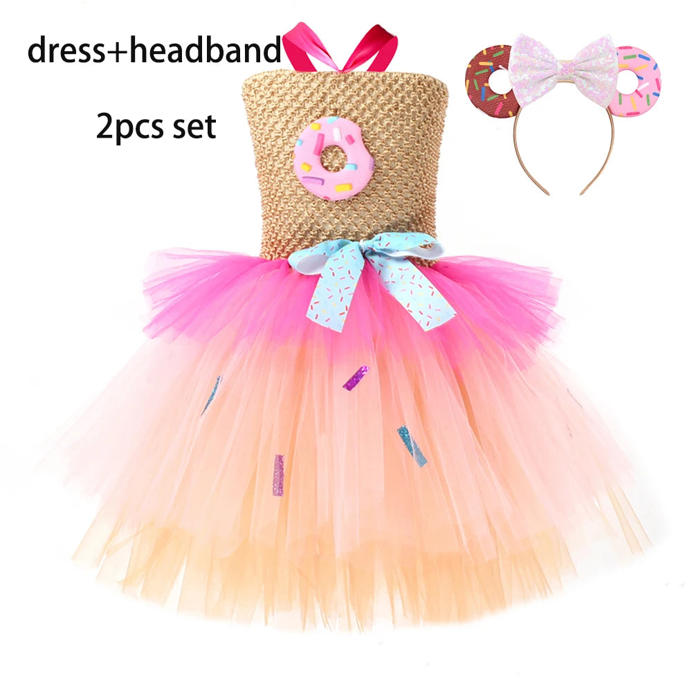 Girls Candy Donuts Tutu Dress with Headband Baby Kids Birthday Party Happy Purim Fancy Costumes Photoshoot Tulle Dresses